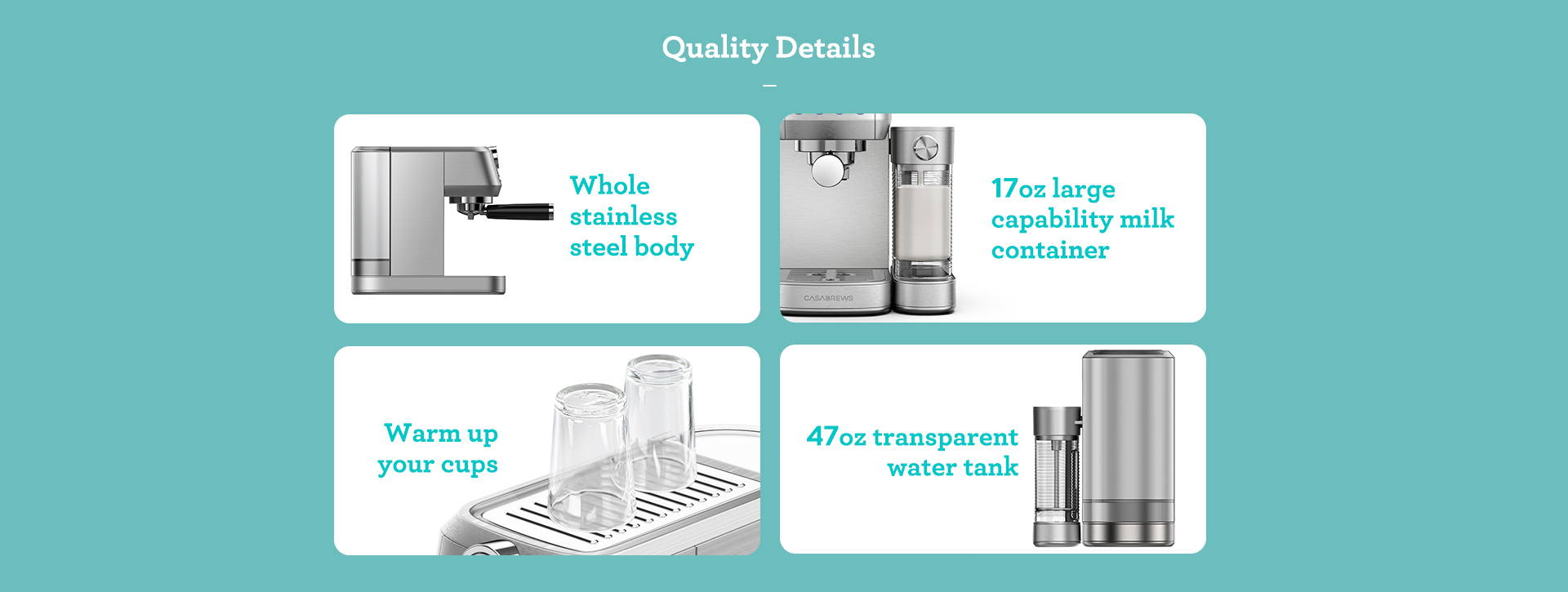 Quality Details Whole stainless steel body 17oz capability milk container warm up your cups 47oz transparent water tank