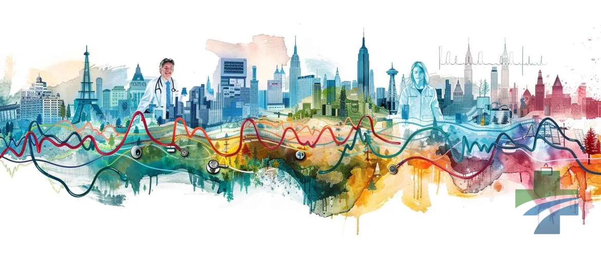 Surreal digital watercolor depiction of diverse medical jargon landscapes across the USA.