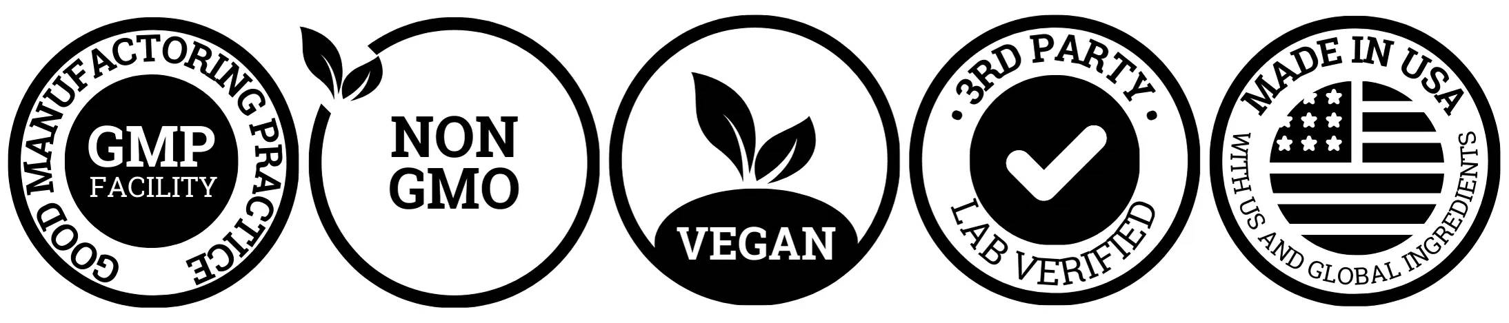 GMP, NON GMO, Vegan, Made in USA and third party lab tested badged