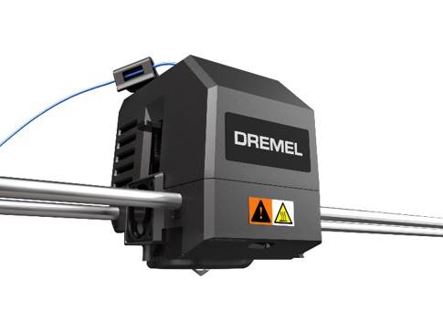 Zoom in view of a Dremel 3D40-FLX extruder on its print rail