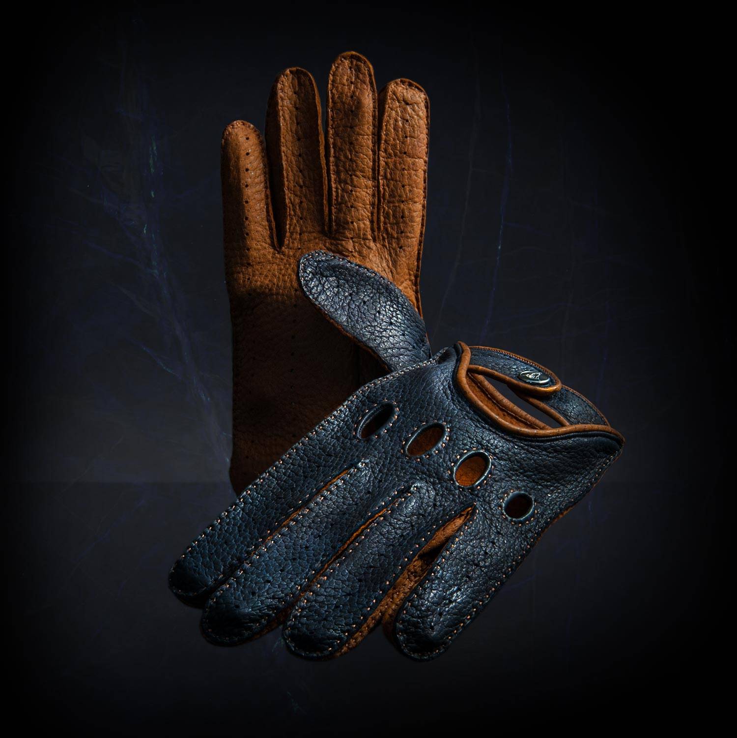 Blue brown driving gloves