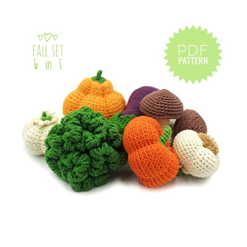 Crochet VEGETABLES patterns 6 in1: mushroom garlic broccoli eggplant pumpkins. Amigurumi Food Amigurumi Set Food Crochet Pattern