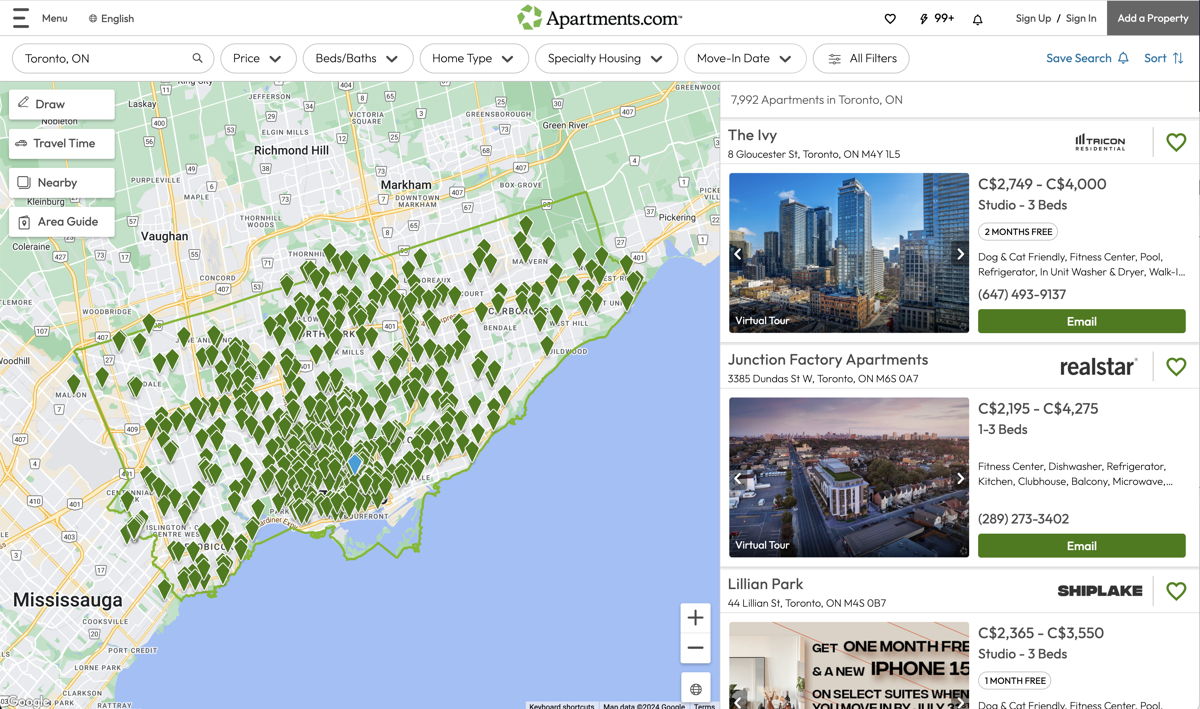 Screenshot of Apartments.com, from the google maps api examples collection.