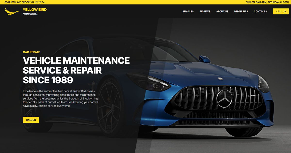 Screenshot of Yellow Bird Auto Center, from the auto repair websites collection.