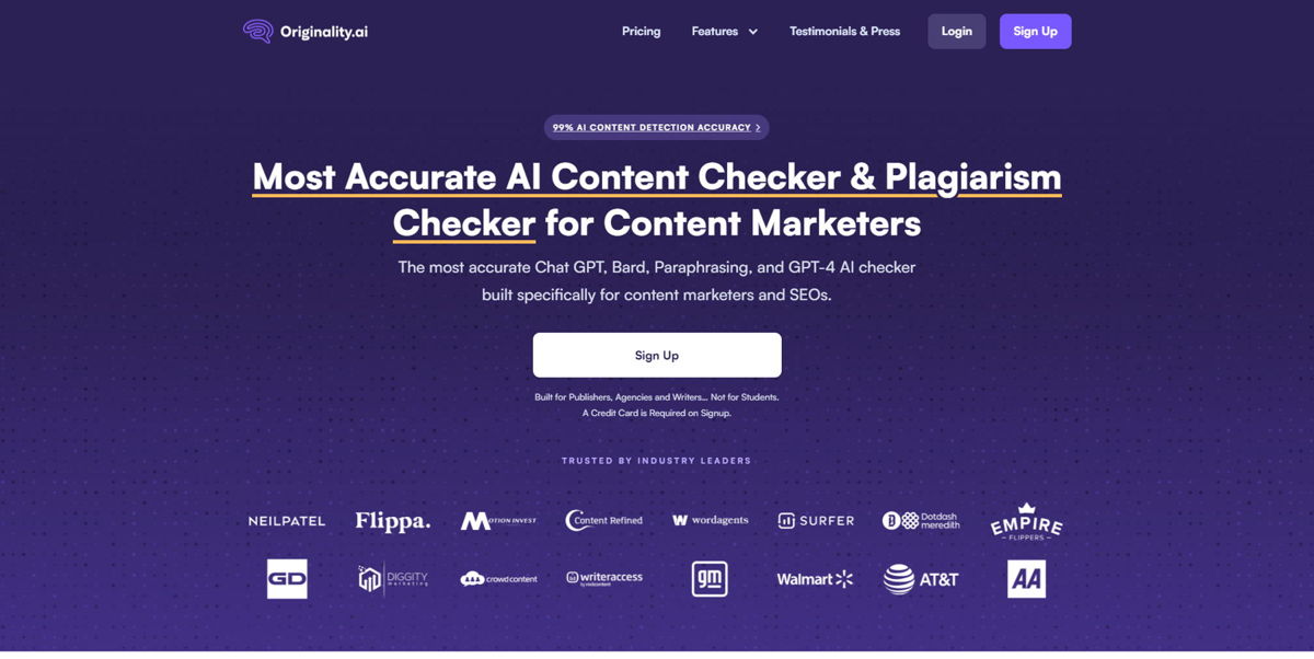 Screenshot of Originality.AI, from the blue websites collection.