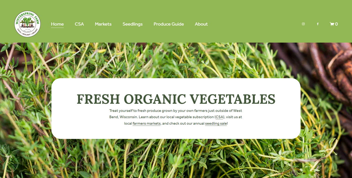Screenshot of Winterspring Farm, from the farm websites collection.