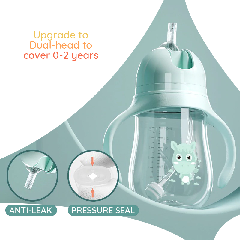 SuperTots baby bottle with two heads to cover up to 2 years of baby's drinking journey also equipped with anti-leak and pressure seal