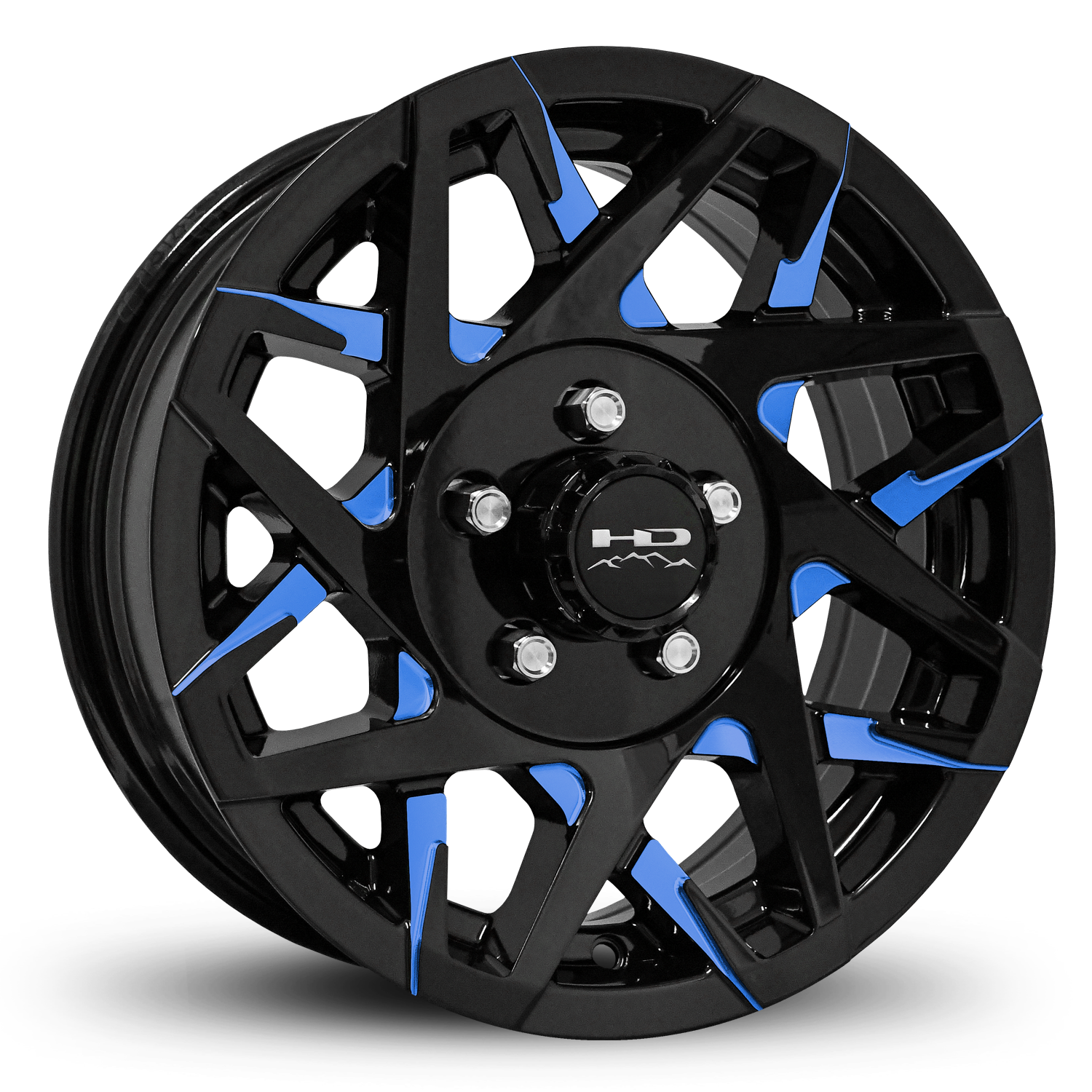 HD Off-Road Canyon Custom Trailer Wheel Rims in 14x5.5 Gloss Black CNC Milled Face with Blue Clear Coat Spokes with Center Cap & Logo fits 5x4.50 / 5x114.3 Axle Boat, Car, RV, Travel, Concession, Horse, Utility, Lawn & Garden, & Landscaping.