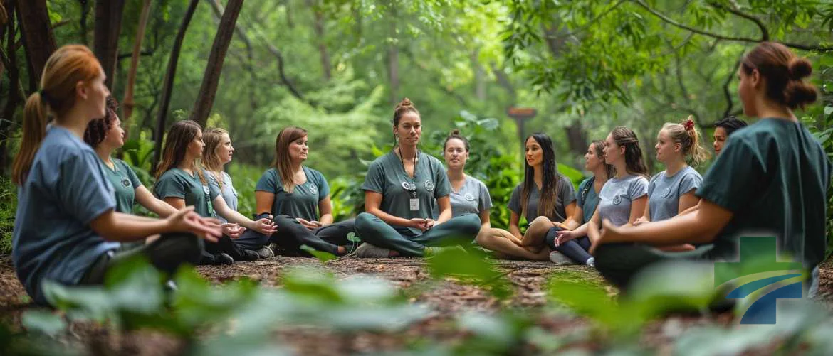 Travel nurses engaged in a digital detox retreat, finding inner peace