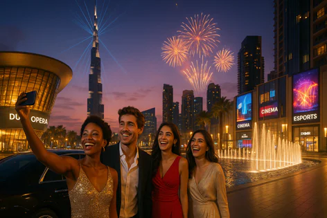 Four happy friends dressed up taking a selfie outdoors at night with the Burj Khalifa, fireworks, Dubai Opera building, and a lit fountain visible in the background.