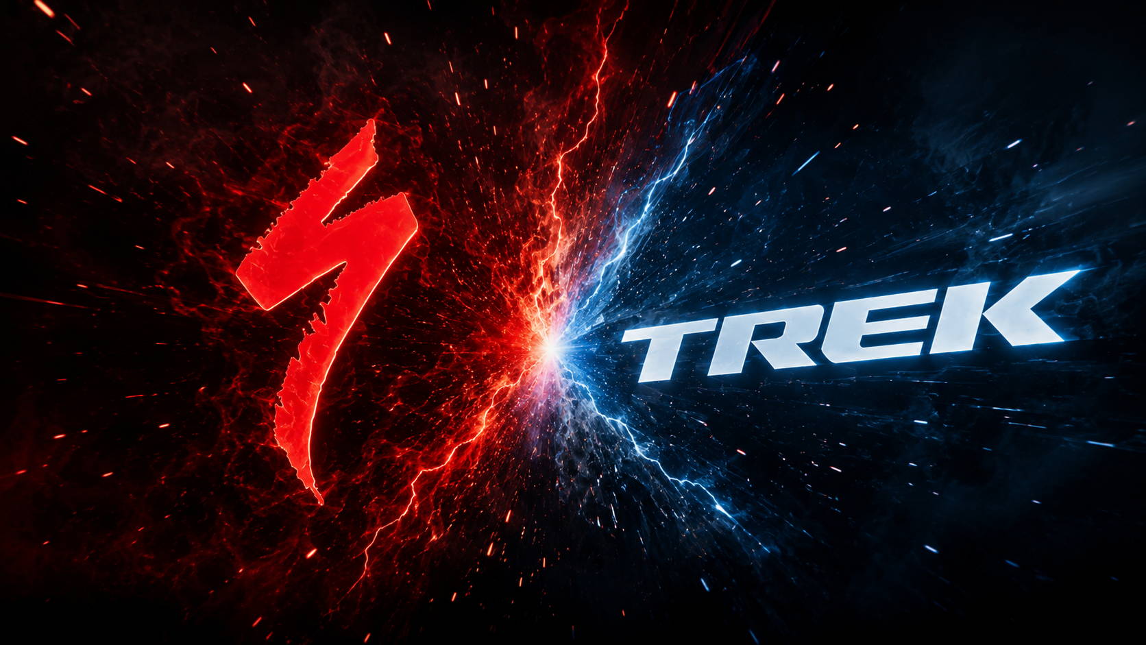 Logo’s van Specialized en Trek tegenover elkaar in een dramatisch rood-blauw duel, met vonken, rook en botsende energie tussen beide racefietsmerken.