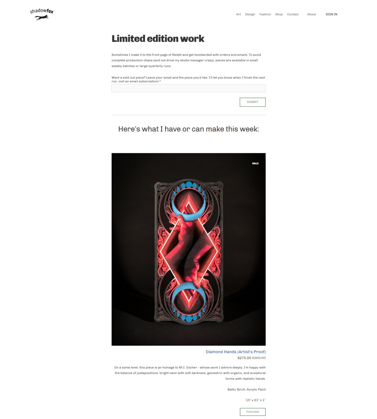 Screenshot of Shadowfox, from the squarespace ecommerce examples collection.