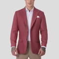 red jacket on model with brown chinos