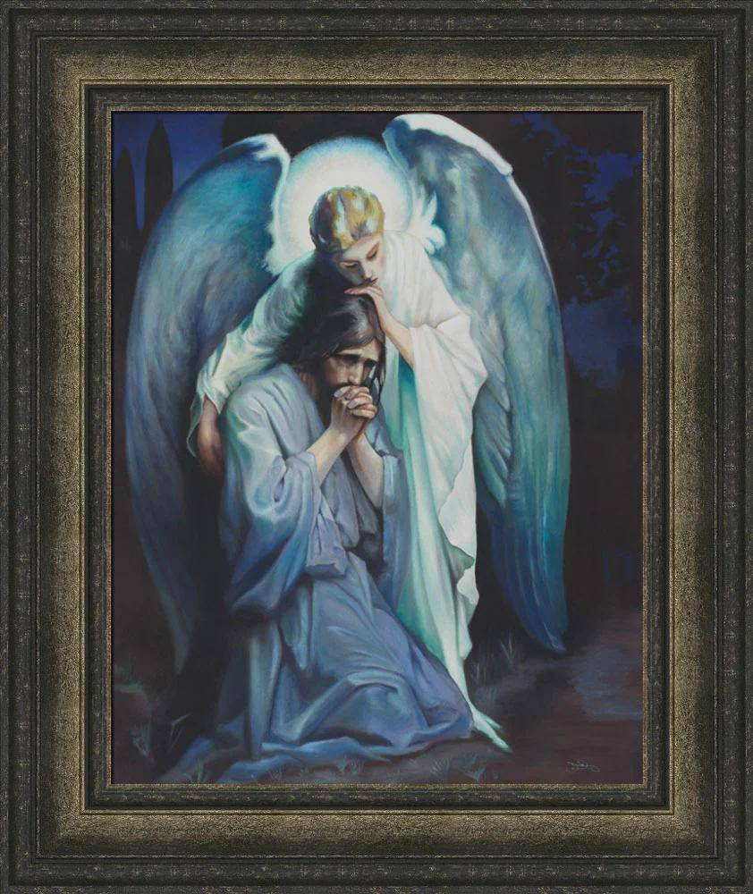 Painting of Jesus praying in Gethsemane. An angel with immense wings comforts Him. 
