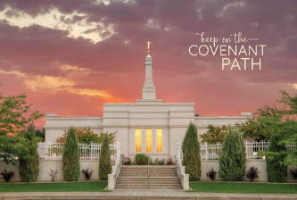 Bismark Temple poster featuring pink and purple. Text reads: "Keep the covenant path". 