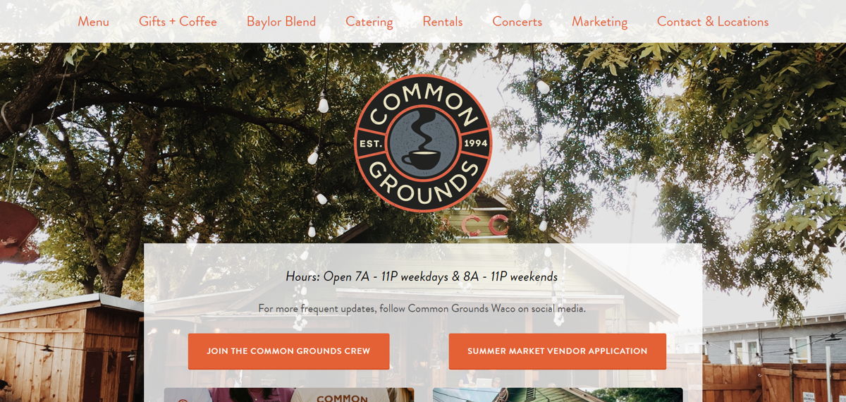 Screenshot of Common Grounds Waco, from the cafe & coffee shop websites collection.