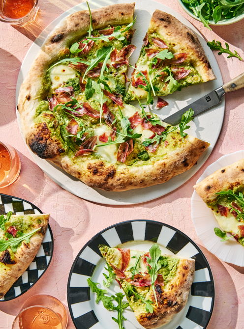 Three Cheese Pizzas with Arugula Pesto and Coppa