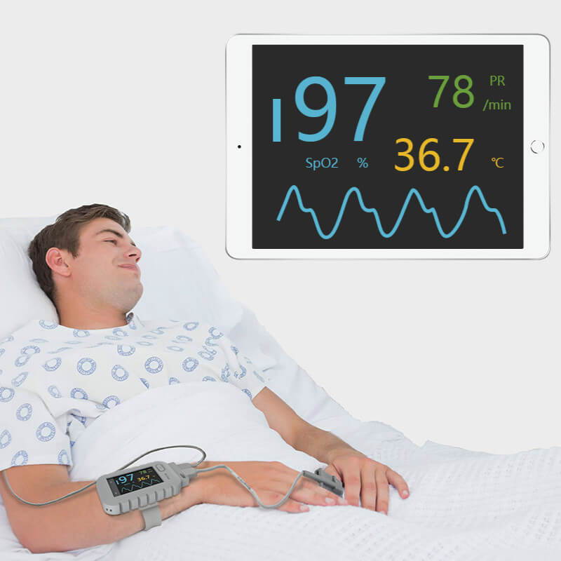 Checkme ™ Pod Wireless Oximeter. بلوتوث O2 مراقب لمعدل نبض مستوى O2 ودرجة حرارة الجسم. مراقب لاسلكي للمراقبة المستمرة للمريض. شاشة ذكية مع تطبيق مجاني. جهاز مراقبة الأكسجين اللاسلكي للطفل.