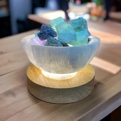 Selenite Bowl - Rainbow Fluorite Crystals Includes LED Base