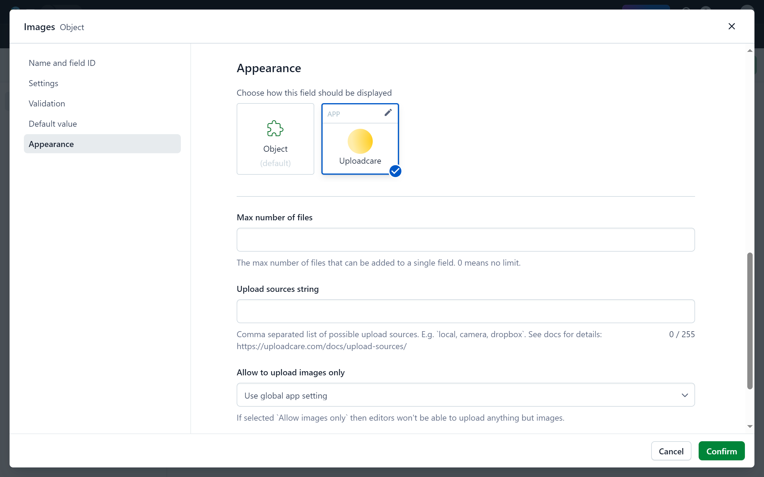 Contentful field settings dialog