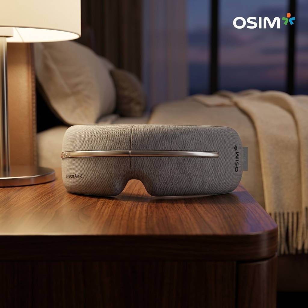 OSIM eye massage placed on the side table next to a bed