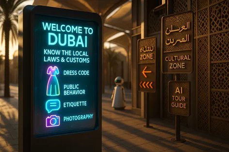 Digital guide in Dubai showing dress code, public behavior, etiquette, and photography rules. Cultural Zone signs and an AI tour guide robot stand nearby.