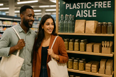 A smiling man and woman with reusable bags are browsing shelves in a store labeled "Plastic-Free Aisle", featuring items in sustainable packaging.