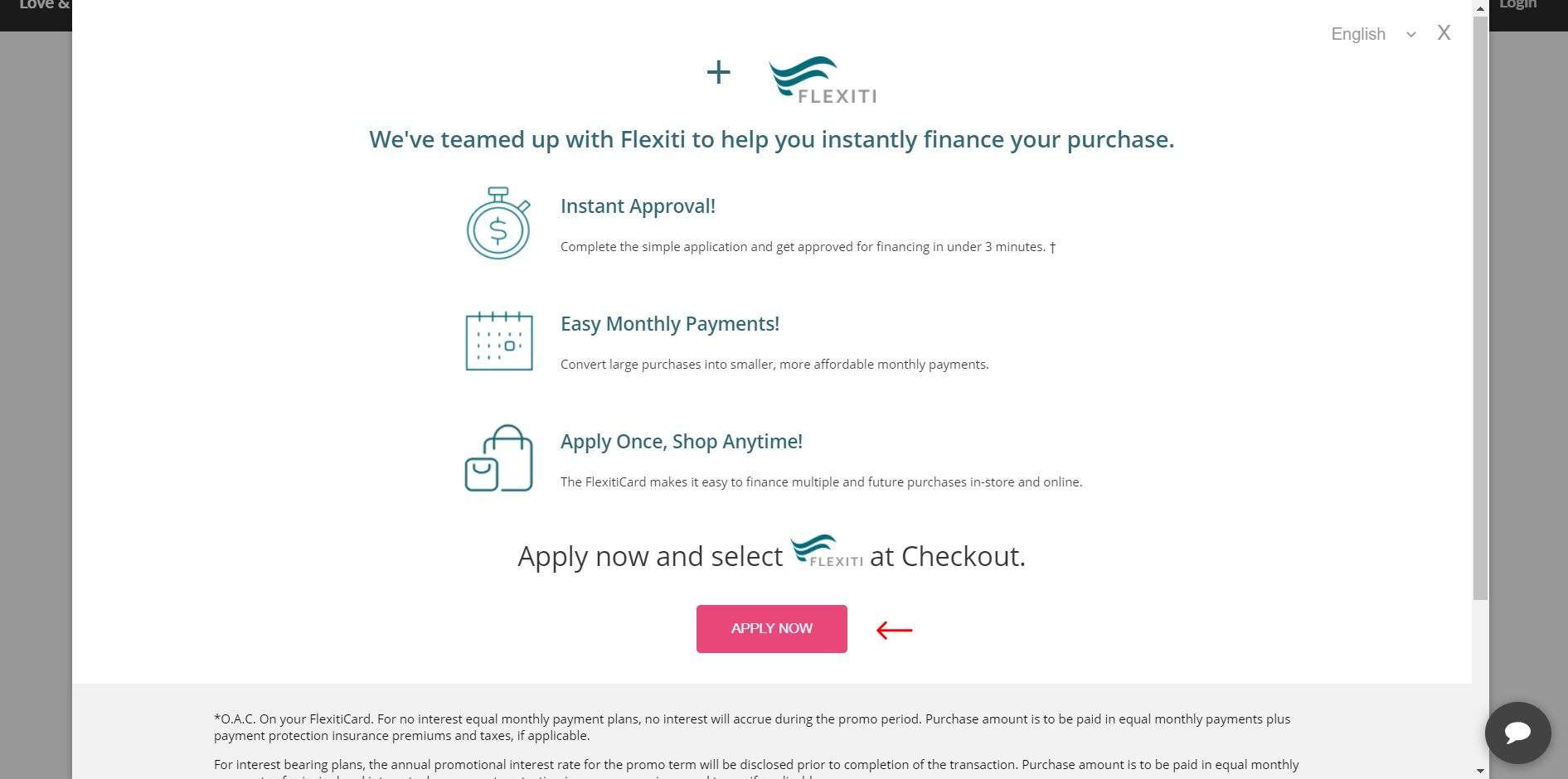 screenshot showing a customer where to click when applying for financing
