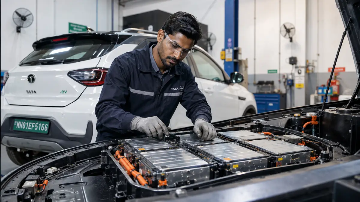 Technician inspecting an electric vehicle battery in a service garage