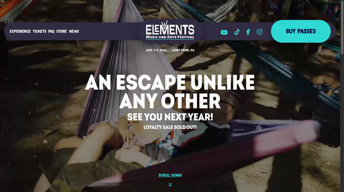 Screenshot of Elements Festival, from the event websites collection.