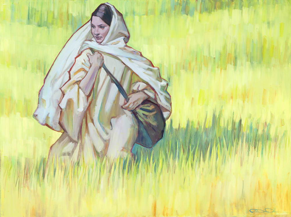 Mary walking through a field, pregnant with baby Jesus.