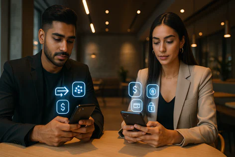 Two people using smartphones with glowing digital icons representing transactions, network connections, payments, and security floating above the screens.