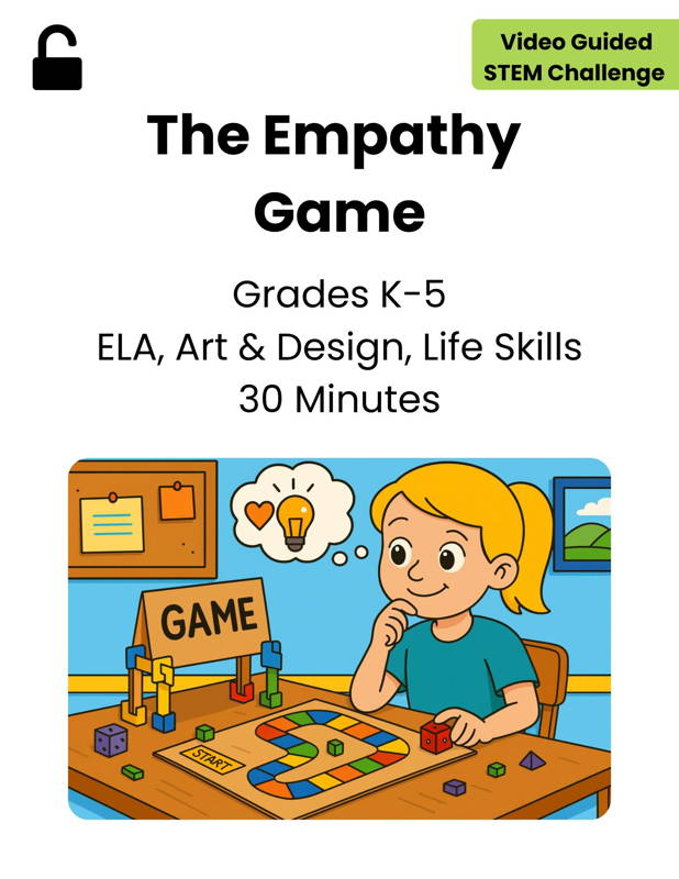 Image of a student playing a handmade empathy-themed board game using 3DuxDesign materials, illustrating a hands-on activity that builds communication, creativity, and life skills. Ideal for K–5 classrooms seeking project-based learning resources that integrate ELA, art and design, and social–emotional skill development through engaging STEM challenges.