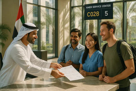 An Emirati man in traditional attire gives a document to three smiling people at a modern government service center. The UAE flag is in the background.