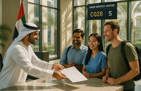 An Emirati man in traditional attire gives a document to three smiling people at a modern government service center. The UAE flag is in the background.