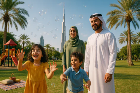 An happy Emirati family, including parents and two young children, laugh while playing with bubbles in a park in Dubai with the Burj Khalifa in the background.