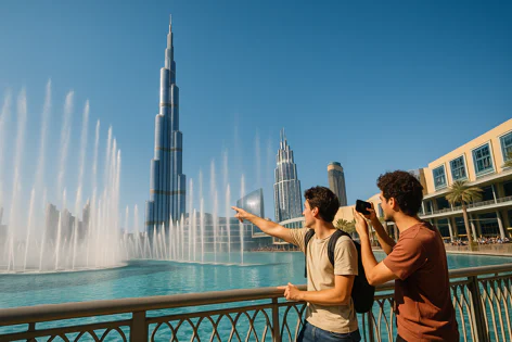 Two young men watch and photograph the vibrant Dubai Fountain show with the iconic Burj Khalifa skyscraper towering in the background under a bright blue sky.