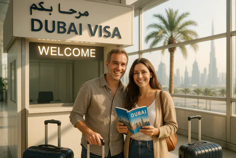 Happy couple with suitcases and a Dubai guide book smiling near a Dubai Visa welcome sign at the airport, with the city skyline in the background.