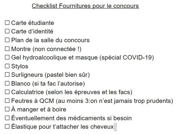concours PASS checklist fourniture