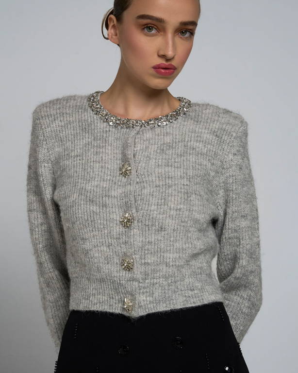 Model wearing a grey embellished knit cardigan