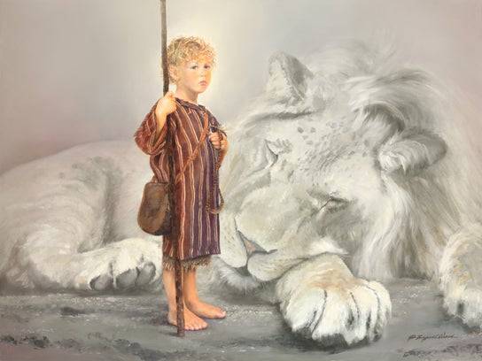 David as a small child holding a shepherd's staff and standing in front of an enormous defeated lion.