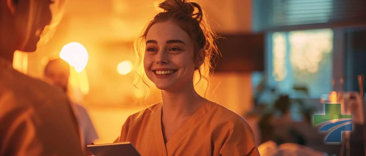 Nurse balancing technology with human touch in a warm, inviting hospital setting.