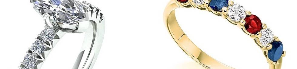Blue sapphire, ruby & round brilliant cut diamonds shared-claw set in 18 carat yellow gold - bespoke engagement ring - Pobjoy Diamonds Bespoke diamond and sapphire diamond rings -Pobjoy Diamonds