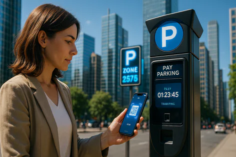 Woman uses a smartphone to scan a QR code on a digital pay parking meter in a city with tall buildings visible.