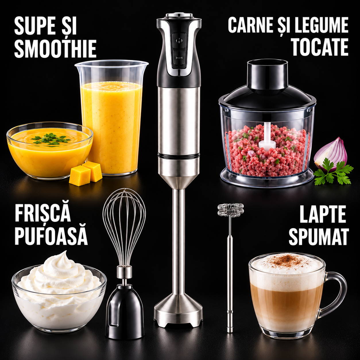 Blender vertical multifuncțional pentru supe și smoothie-uri, carne și legume tocate, frișcă și lapte spumat.