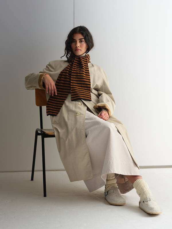 model wears Smooth Narrow Stripe Scarf