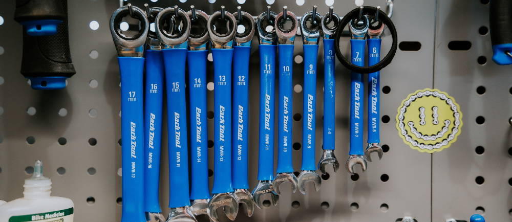 Bike tools hanging on a rack