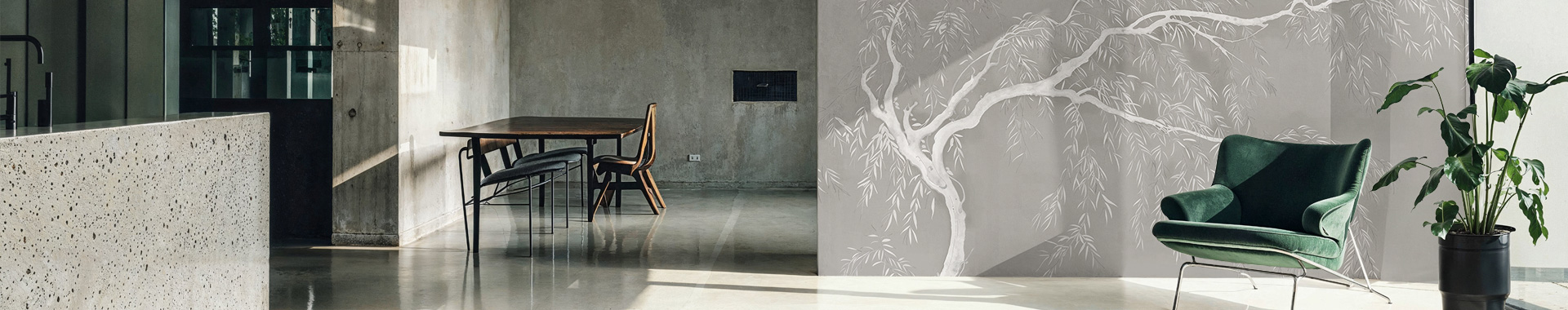 japanese willow tree wallpaper with a green chair in a minimalist modern concrete interior design setting