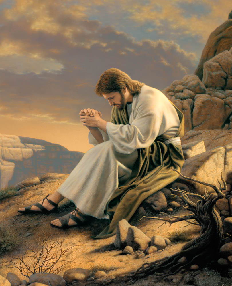 Painting of Jesus sitting in the desert, His hands clasped in prayer.
