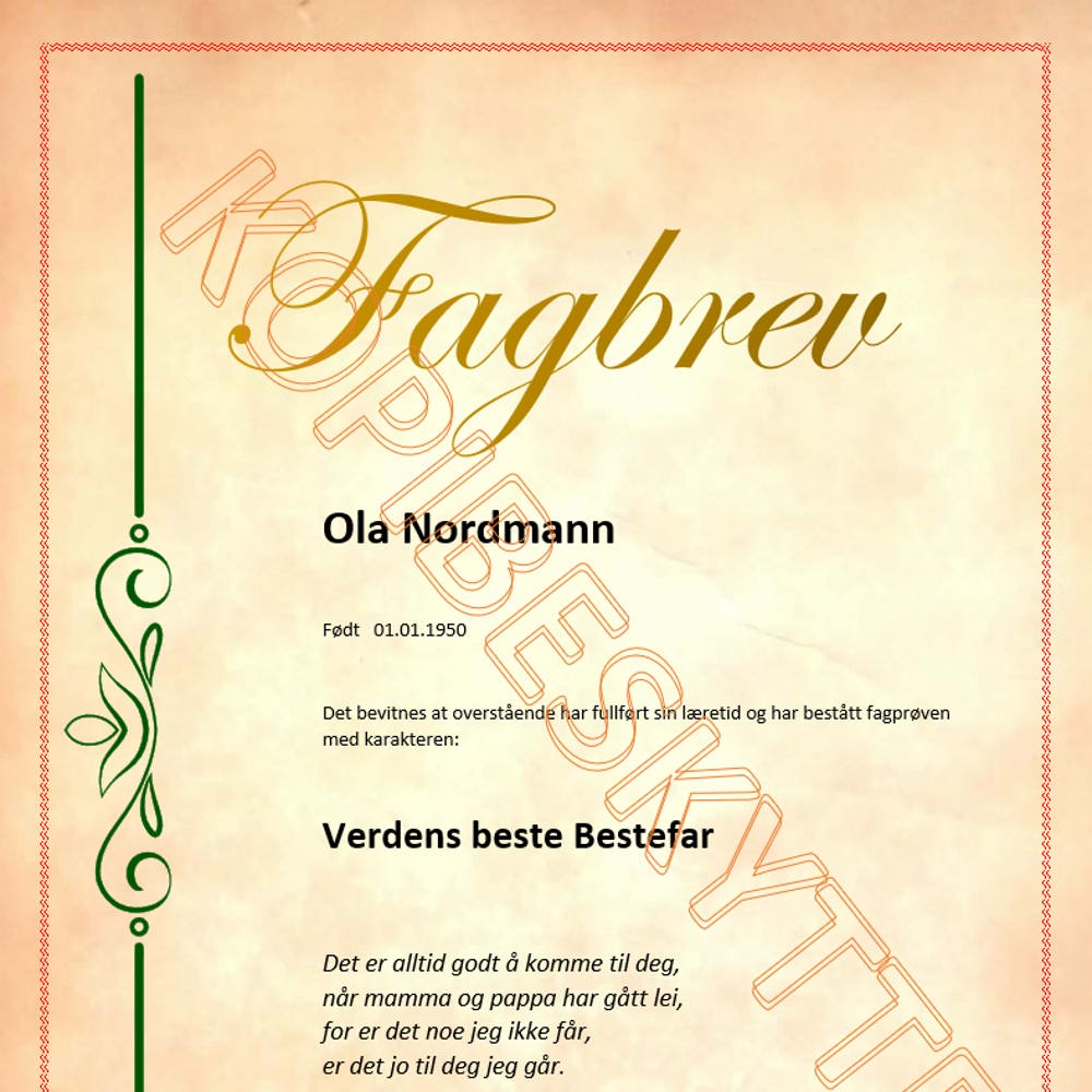 Fagbrev Bestefar uten ramme